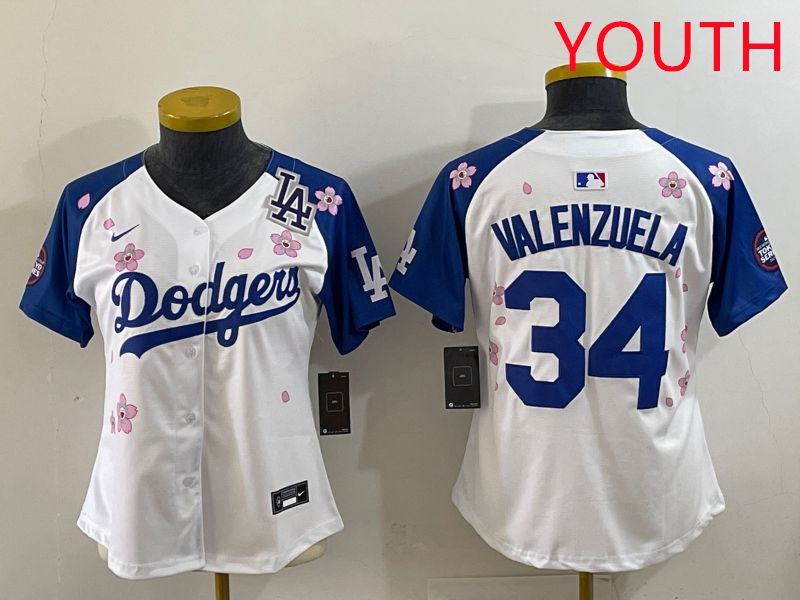 Youth Los Angeles Dodgers 34 Valenzuela White Blue Sakura Edition 2025 Nike MLB Jersey style 38